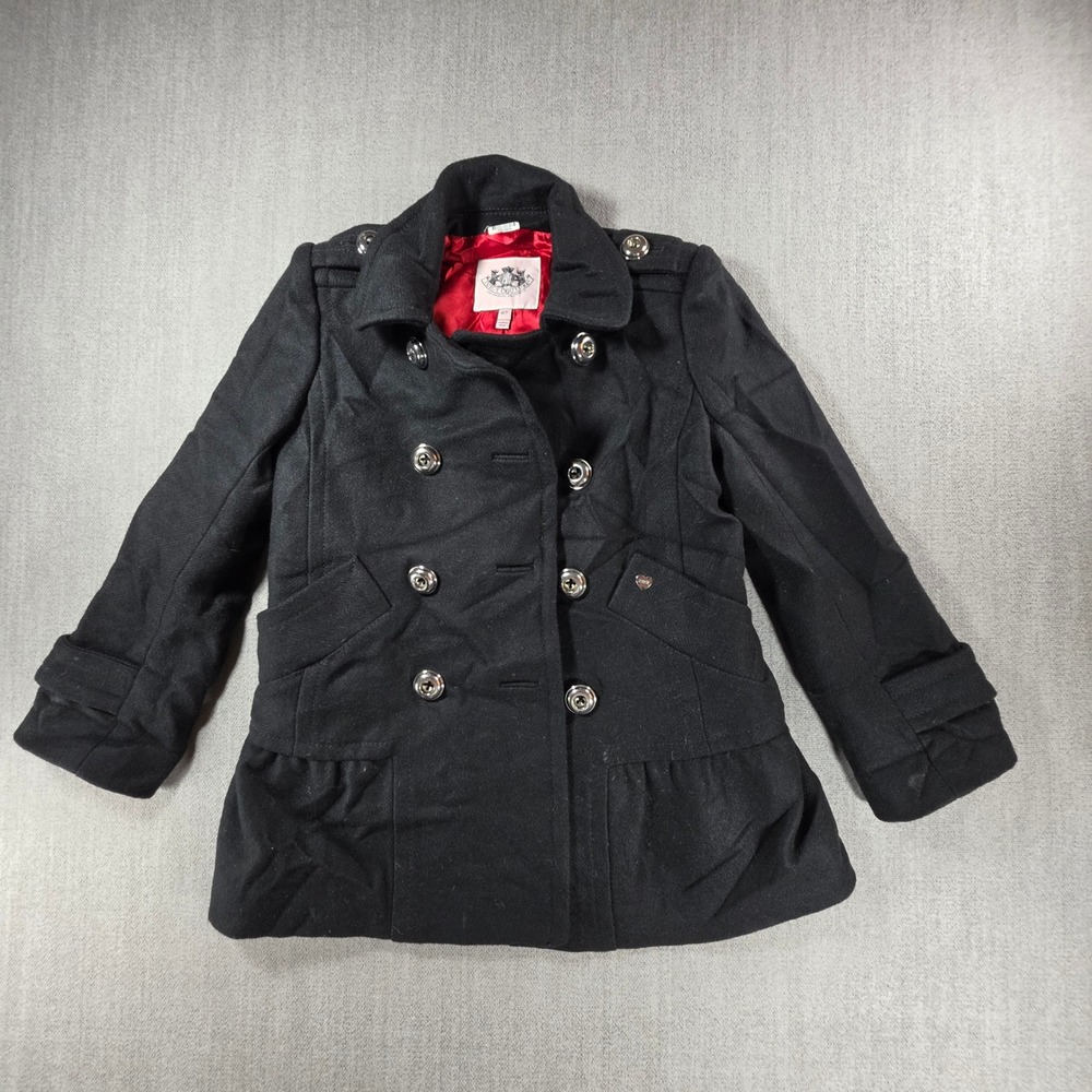 Juicy Couture Peacoat Girls 6/7 Black Wool Blend Ruffle Hem Double Breasted Coat
